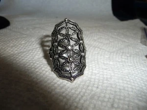 SZ 7.5  SILVER TONE REPRO DECO TEXURED FILIGREE FLOWERS  RING #28/9-7 - Picture 1 of 10
