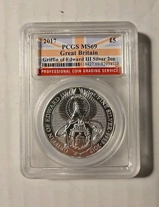 2017 2 Oz Silver Great Britain Griffin of Edward III  PCGS MS69 - Picture 1 of 4
