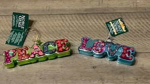 Kurt Adler PEACE  & LOVE  Christmas Ornament Glass Hippie Era NOBLE GEMS Glitter - Picture 1 of 5
