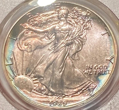 1989 American Silver Eagle PCGS MS68 Blue Purple Rim Toning - Image 1 of 3