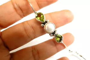 Green Peridot White Mabe Pearl Trio Three Stone 925 Sterling Silver Bracelet - Picture 1 of 4