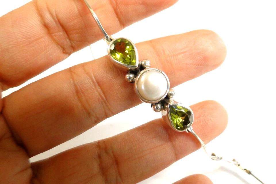 Green Peridot White Mabe Pearl Trio Three Stone 925 Sterling Silver Bracelet - Image 1 of 4
