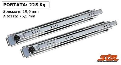 COPPIA GUIDE SCORREVOLI a SFERE per CASSETTI  225 kg Estr Totale Telescopiche - Immagine 1 di 2