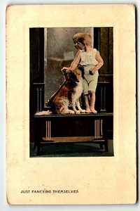 Postcard Just Fancying Themselves Boy and Dog in front of Mirror PM 1909 - Picture 1 of 2