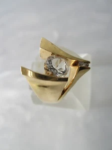 1960’s MODERNIST “STRELL” 14K SOLID GOLD WHITE SAPPHIRE & DIAMOND STATEMENT RING - Picture 1 of 19