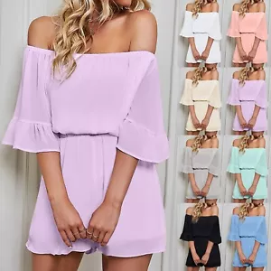 Women Fashion Ruffle Flare Sleeve Off Shoulder High Waist Chiffon Romper Shorts - Picture 1 of 38