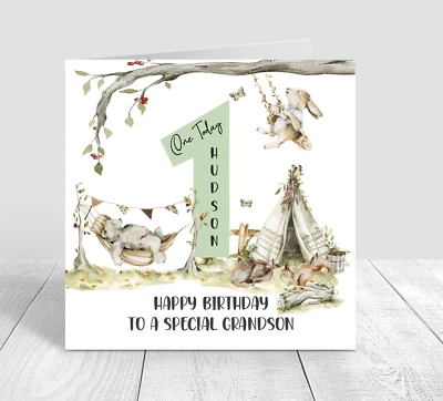 Personalised Birthday Card Boys 1st Birthday Woodland Handmade First Card - Image 1 of 2