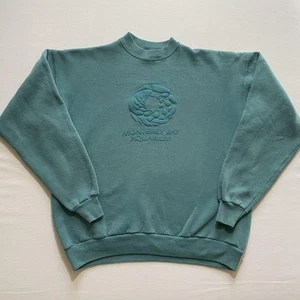Vintage Monterey Bay Aquarium Sweatshirt Adult XL Teal Crewneck Puff Embossed - Picture 1 of 11