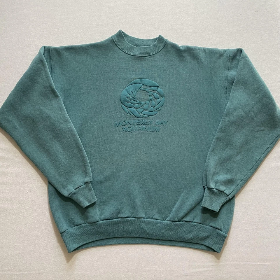 Vintage Monterey Bay Aquarium Sweatshirt Adult XL Teal Crewneck Puff Embossed - Image 1 of 4