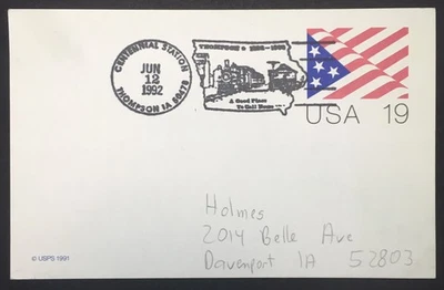 1992 US SPECIAL CANCELLATION EVENT POSTAL CARD Thompson Iowa Station Centennial - Image 1 of 2