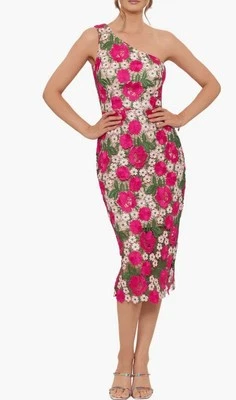 Vestido midi de encaje bordado floral de un hombro Xscape para mujer Foto 1 de 4