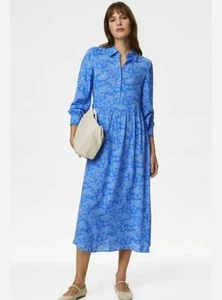 M&S Long Sleeve Blue Midi Dress Casual Party UK 16 - Picture 1 of 10