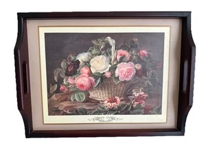 Vassoio da portata vintage in legno con manici rosa/bianco stampa floreale 16x12” casetta opaca - Foto 1 di 9