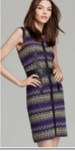 Milly Tweed Chevron zig zag wool Sleeveless Leather Trim Shift dress 2 - Picture 1 of 15