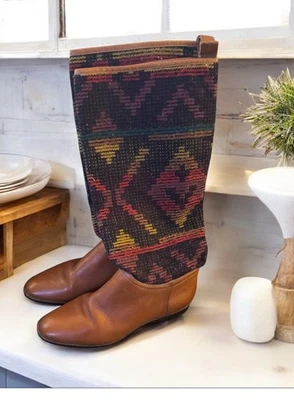 Antiga Bota de Equitação Tribal Feminina Unisa Tamanho 6.5 B Kilim Couro Marrom Têxtil - Imagem 1 de 4
