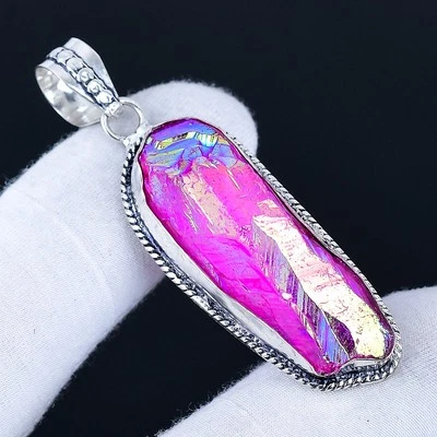 Pink Titanium Quartz 925 Silver Plated Handmade Pendant of 2.28" - Image 1 of 3