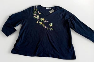 Quacker Factory Size 3XL Black Embroidered Butterfly Garden 3/4-Sleeve Top NWT - Picture 1 of 8