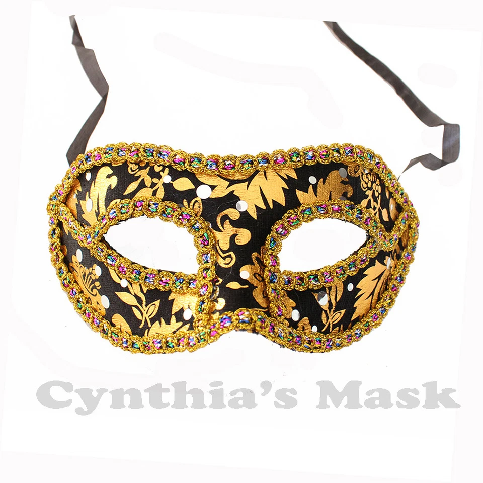 Black and Gold Venetian Masquerade Mask w/Rainbow Trim Party Prom Mardi Gras   - Image 1 of 1