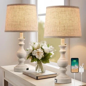 Farmhouse Table Lamps for Bedroom Set of 2 Bedside Lamps for Nightstand with USB - Picture 1 of 9