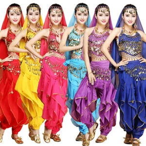 Conjunto de Disfraz de Danza del Vientre Hecho a Mano con Cuentas Sujetador Bollywood Top Cadera Bufanda Pantalones Velos - Imagen 1 de 14