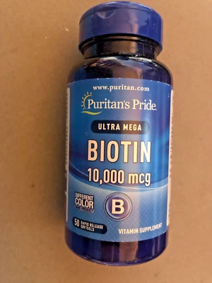 Nuevo Puritan's Pride Ultra Mega Biotina 10.000 mcg 50 cápsulas blandas cabello, piel, uñas Foto 1 de 4