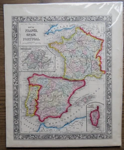 1860 AUGUSTUS MITCHELL MAP of FRANCE SPAIN & PORTUGAL - Hand Colored Original - Picture 1 of 6