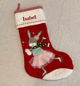 Pottery Barn Kids Christmas Skating Bunny Stocking Mono “Isabel” NWOT