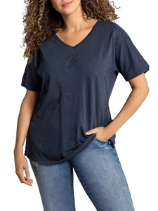 ULLA POPKEN Oversized Tee Top NAVY Paisley Embroidered V-Neck Szs 20/22 to 36/38 - Picture 1 of 5