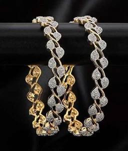 Indian Jewelry Silver CZ AD Gold Plated Bracelet Wedding Women 2 PCs Bangles Set - Picture 1 of 4