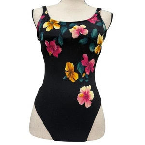 VTG Black Floral High Cut One Piece Swimsuit Size Small Made in USA - Picture 1 of 5