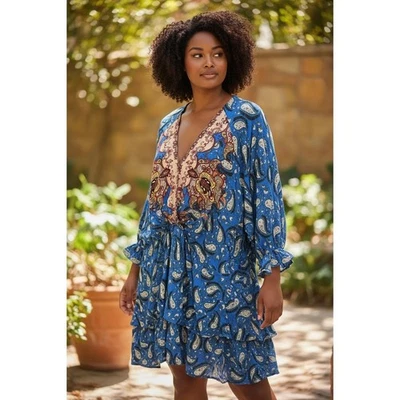 Vestido Umgee Mujer Plus 2XL Azul Multicolor Paisley Boho Con Volantes en Niveles Coqueta Foto 1 de 4