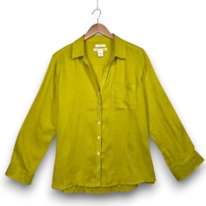 C & C California Damen Leinen Langarm Oberteil Button Down Hemd Lindgrün Med - Bild 1 von 6