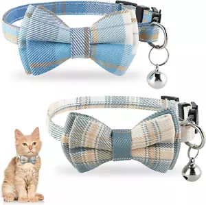 2Pcs Cat Collar Breakaway, Cat Collar with Bells Bowtie Plaid Cat Collar Adjusta - Picture 1 of 8
