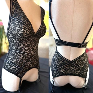 Victorias Secret Bodysuit Garter Belt Open Bottom Lace Mesh Cut Out Black XS Wow - Picture 1 of 13