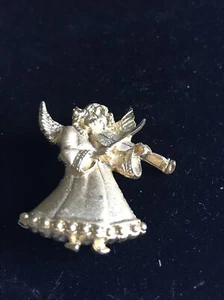 Angel Playing A violin Gold Tone Glittery Sparkle Pin Brooch - Picture 1 of 4