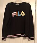 Fila Womans Long Sleeve Sweatshirt Black Multi-Color Logo Patch Pullover XL