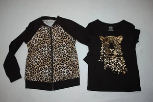 Girls 2 PC SET Zip Front Jacket BLACK BROWN GOLD LEOPARD PRINT T-Shirt S 6-6X - Picture 1 of 1