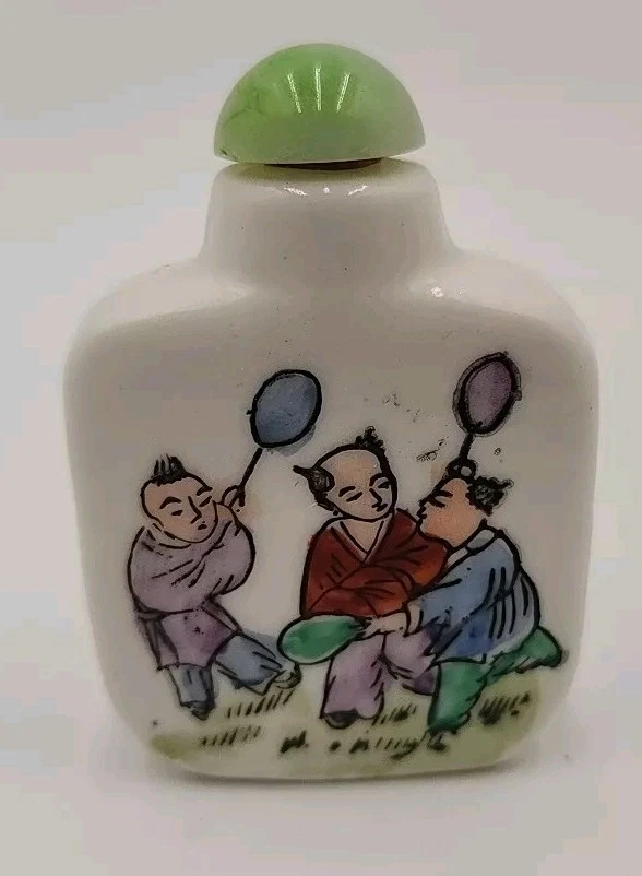 Antique Chinese Snuff or Perfume Bottle Men Playing Sport Soapstone Lid - Image 1 of 4