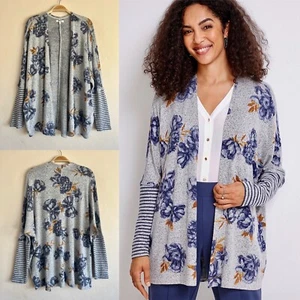 Maurices Open Front Gray Navy Floral & Striped Brushed Knit Cardigan Sweater XL - Picture 1 of 7