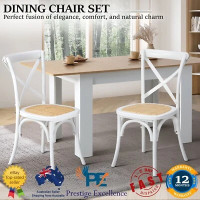 Set of 2 Dining Chair Cross Back Solid Rubberwood Rattan Seat Furniture White AU - image 1 of 4