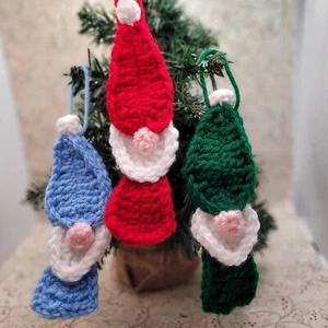 Gnome Christmas Ornaments Set of 3 - Red, Green, Blue - Handmade Crochet - Picture 1 of 6