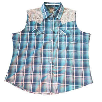 Wrangler Mujer XXL Western Top Camisa Cuadros Perla A Presión Sin Mangas Encaje Yema De Colección Foto 1 de 4