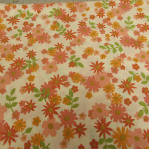 Vintage 70s MCM Floral Muslin Twin Size Flat Sheet Floral Pink Coral Orange Sear