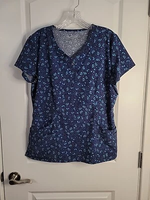 Easy Stretch by Butter-Soft Blue Paisley Button V Neck Women's Scrub Top Medium - Image 1 of 4