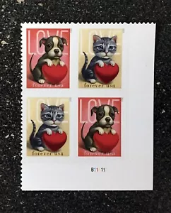 2023USA #5745-5746 Forever Love Series Kitty & Puppy - Plate Block of 4 Mint NH - Picture 1 of 4