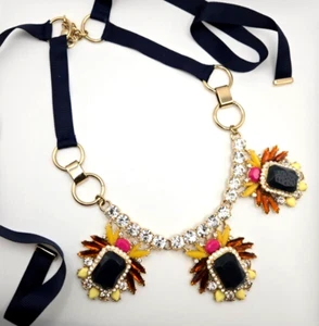 Banana Republic Regalia Chunky Statement Bib Necklace Navy Ribbons Gold Tone - Picture 1 of 6