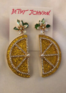 Betsey Johnson Gold Tone & Yellow Lemon Slice Drop Earrings Crystal Accents NWT