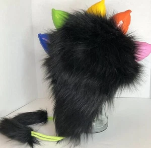 Dragon Furry Hood Hat Rainbow Mohawk Funny Winter Cap Adult Black - Picture 1 of 6