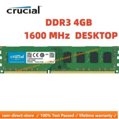 CRUCIAL DDR3 4GB 1600 MHz PC3-12800 Desktop 240-Pin DIMM Non-ECC Memory RAM 4G - Image 1 of 4