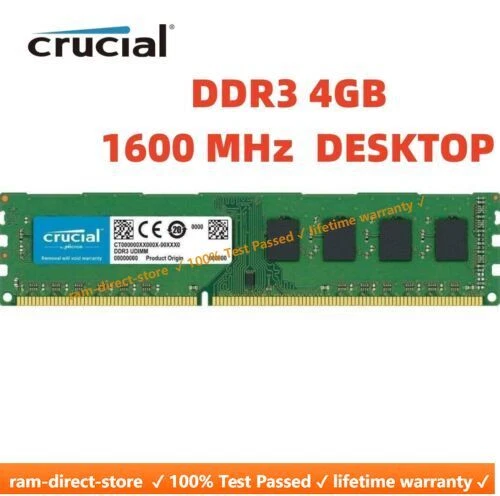CRUCIAL DDR3 4GB 1600 MHz PC3-12800 Desktop 240-Pin DIMM Non-ECC Memory RAM 4G - Image 1 of 4